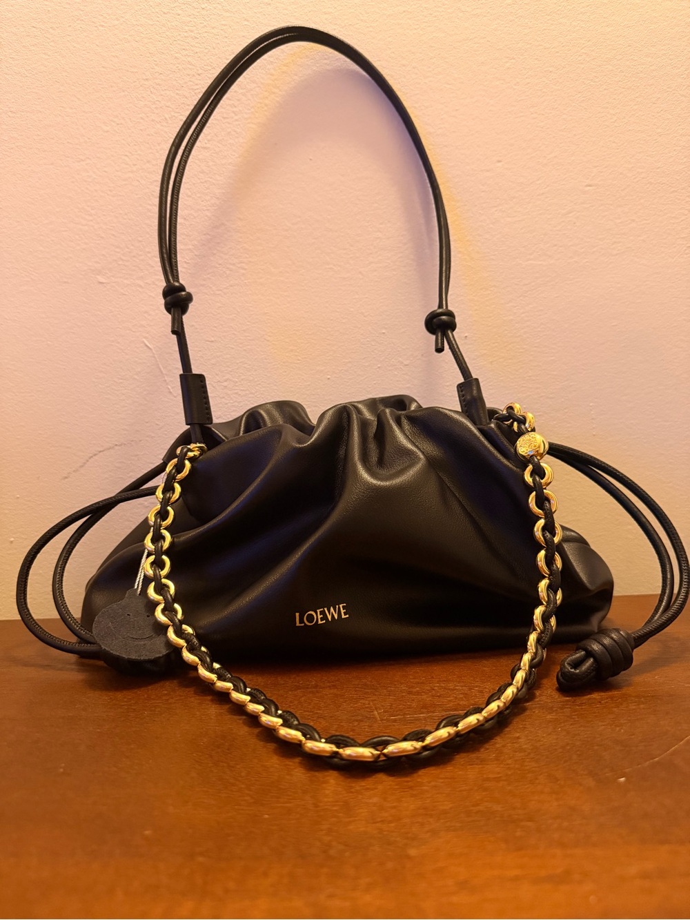 Flamenco Black Drawstring Shoulder Bag with Gold Chain